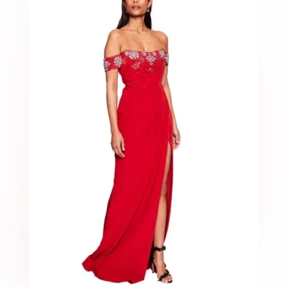 NWT Marchesa Red Embellished Gown with Slit and Off the Shoulder Neckline - Picture 2 of 12